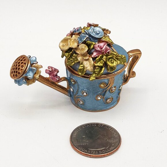 Watering Can Trinket Box Vintage Unsigned Rhinestones Flowers Magnetic Closure - Picture 2 of 9